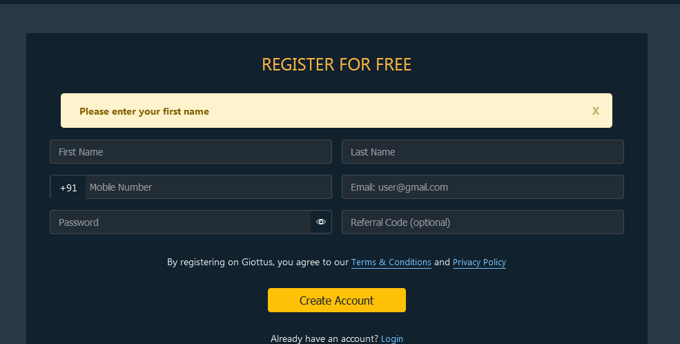 Giottus Signup page